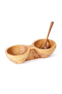 Wild Olive Wood Double Spice Dish w/ Long Spoon