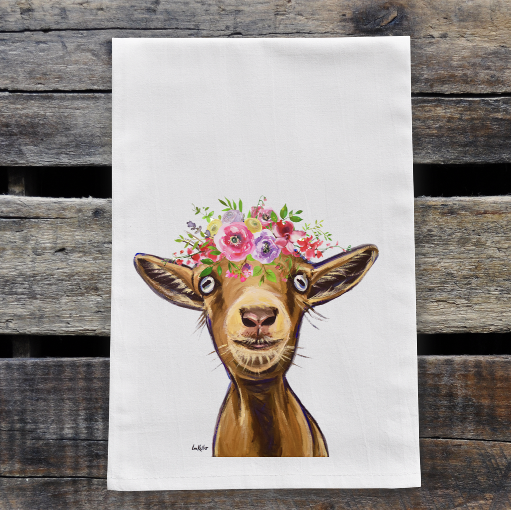 Spring Flower Goat Tea Towel, Farm Animal Towel Decor